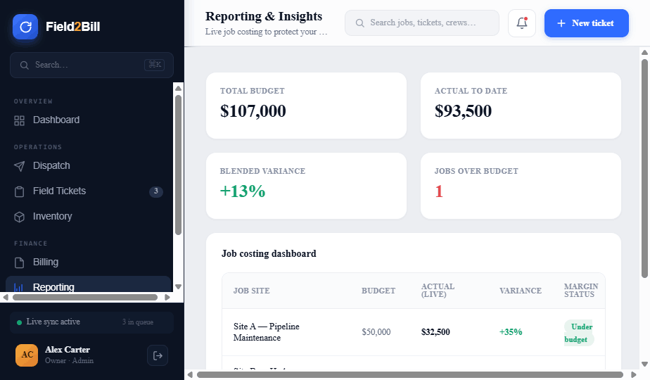 Field2Bill job costing and margin reporting
